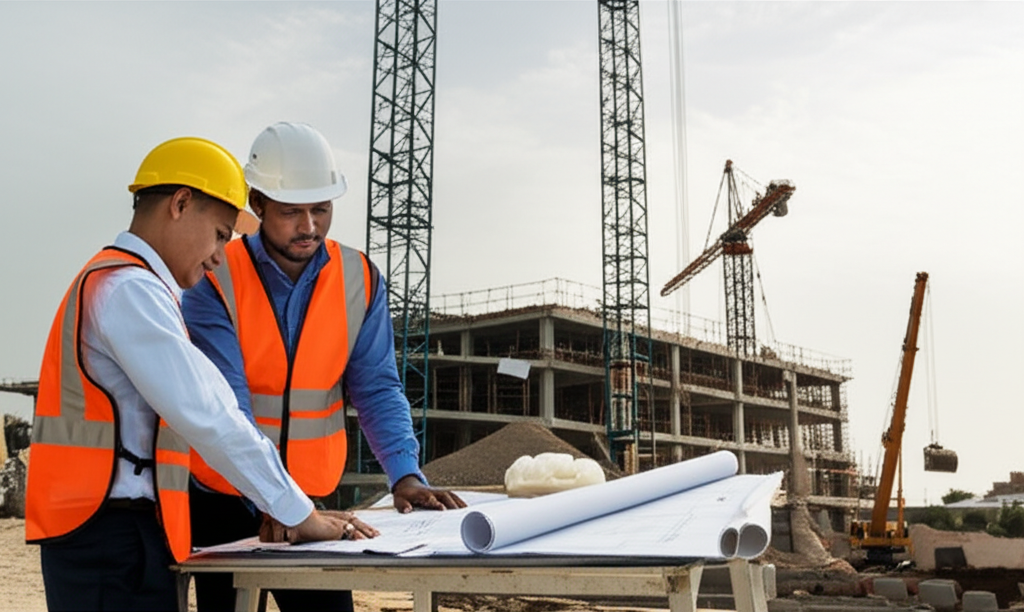 Canteiro de obras com engenheiros e equipamentos de construção