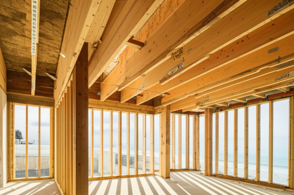Construction interior with wooden beams